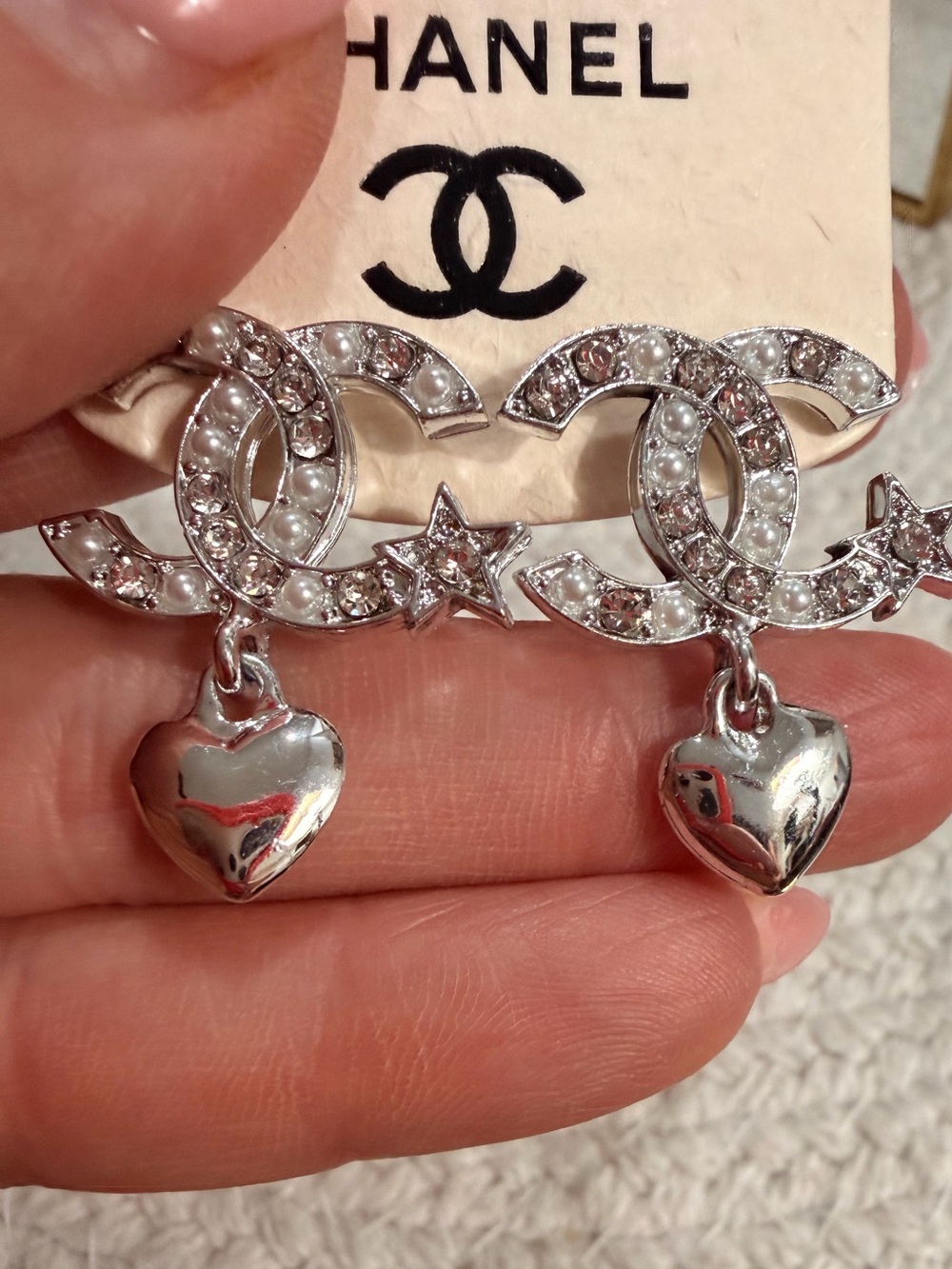 Silver Pearl CC Heart Drop Earrings | New